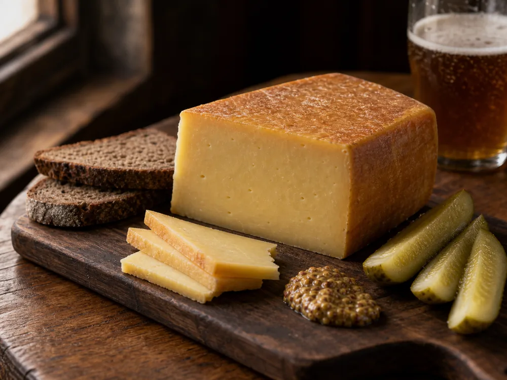 Aged Brick cheese with rye bread pickles mustard and amber beer - Brick Cheese | KnowTheCheese