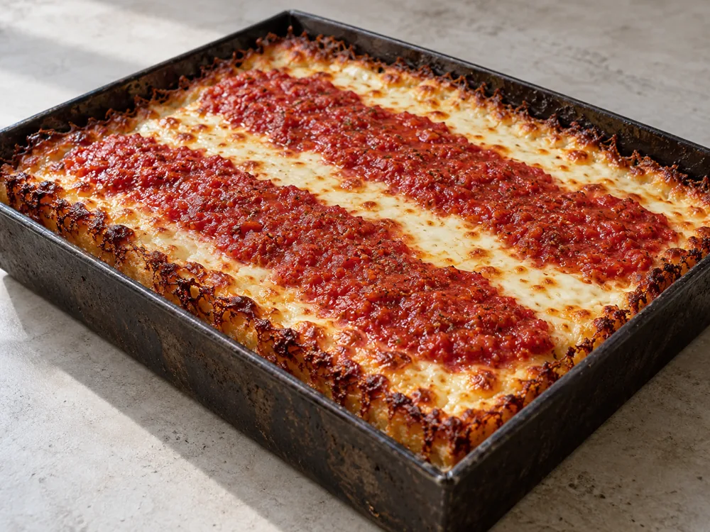 Detroit-style pan pizza with cheese caramelized into a crisp edge against the pan walls - Brick Cheese | KnowTheCheese