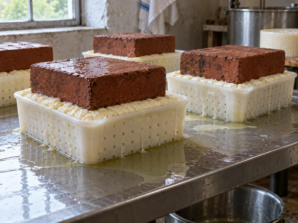 Pale cheese curd in white molds with a red clay brick resting on top of each - Brick Cheese | KnowTheCheese