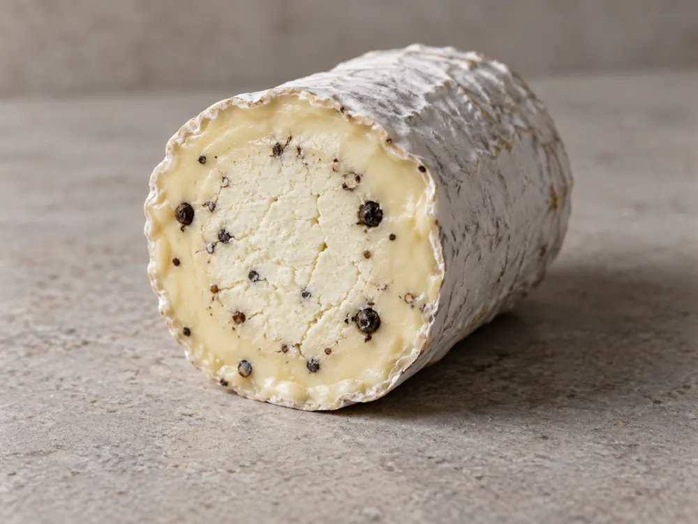 Cut peppercorn cheese log with a creamy layer under the white rind and a chalkier center