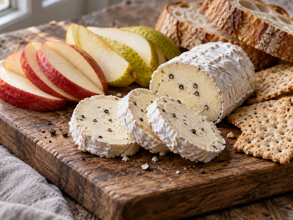 Sliced peppercorn cheese log with apple, pear, crackers and bread on a wooden board