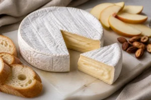 Brie wheel with creamy wedge, baguette, apple, and almonds - Brie cheese | KnowTheCheese