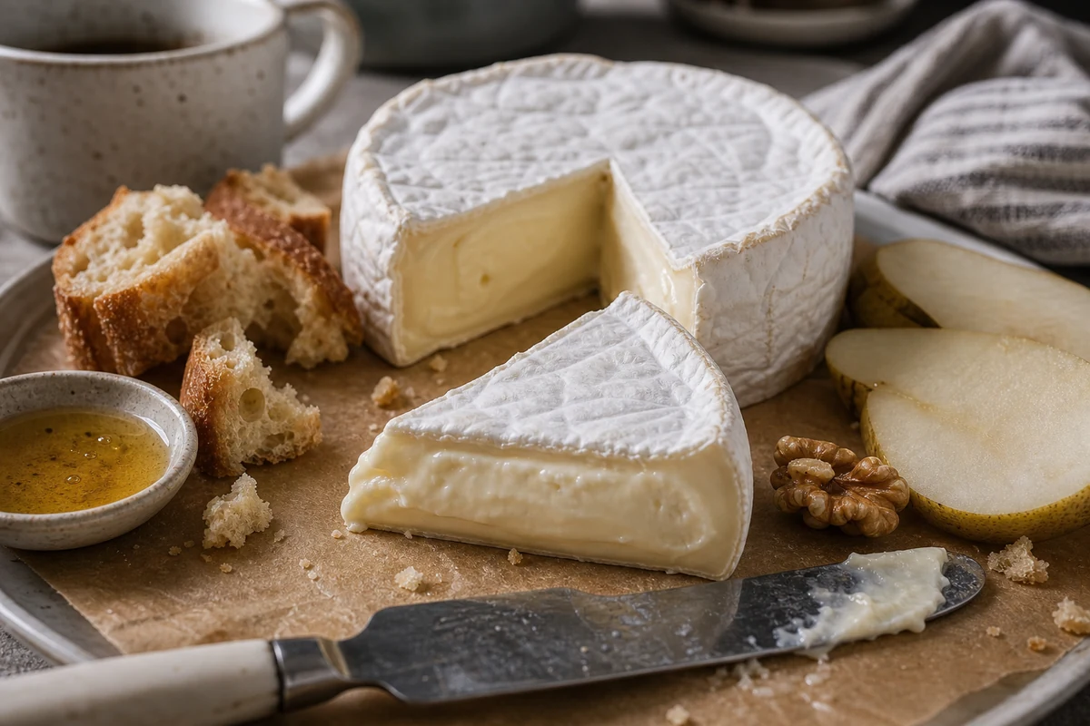 Wedge cut from a soft white-rind Brie showing a pale, slightly bulging paste under the bloomy crust | KnowTheCheese