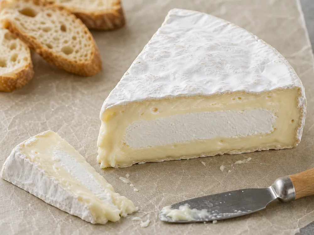 Brie wedge showing bloomy rind creamy paste and chalky core - Brie cheese | KnowTheCheese