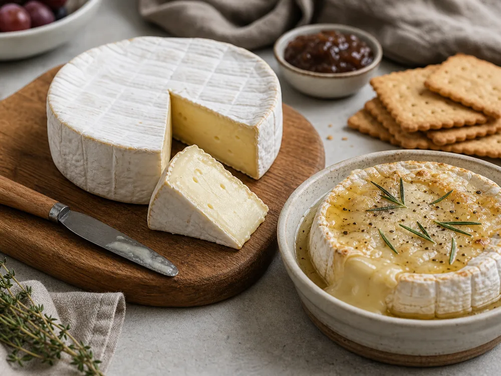 Brie served at room temperature beside a baked Brie cue and plain crackers - Brie cheese | KnowTheCheese