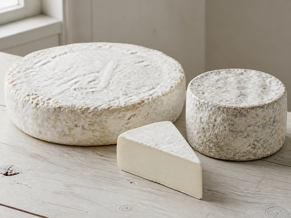 Three bloomy-rind cheeses side by side, a wide low wheel, a smaller taller wheel and a cut wedge - Brie | KnowTheCheese