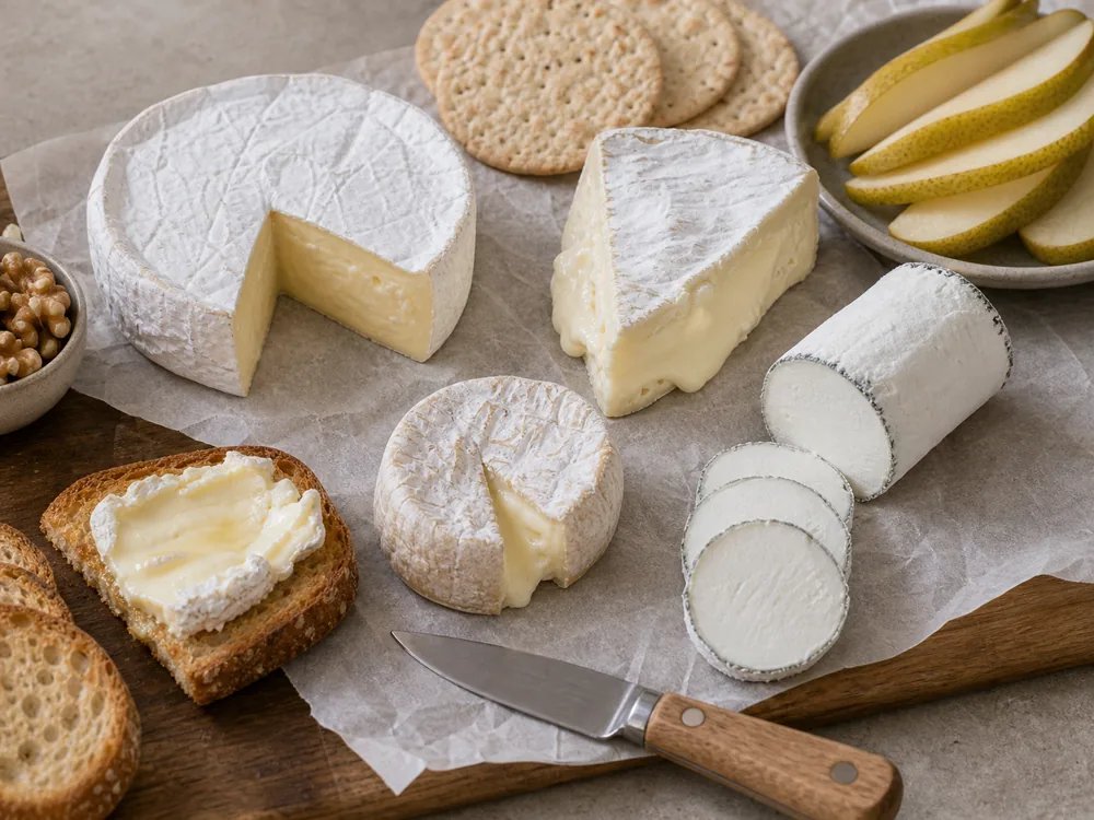 Brie substitute board with Camembert-style wedges, soft bloomy-rind cheese, goat cheese slices, crackers, and pear - Brie substitutes | KnowTheCheese
