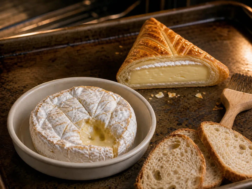 Whole baked Camembert beside a Brie wedge baked in puff pastry - Brie vs Camembert | KnowTheCheese