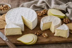 Brie and Camembert wheels cut open on a cheese board.