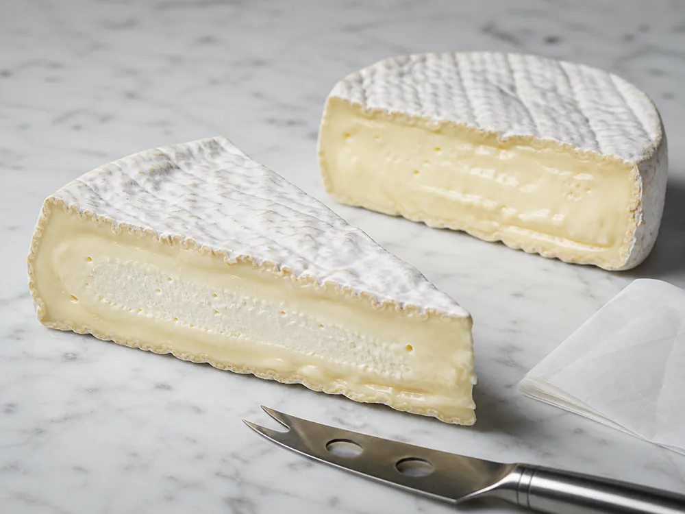 Brie with a firmer chalky center beside evenly softened Camembert - Brie vs Camembert | KnowTheCheese