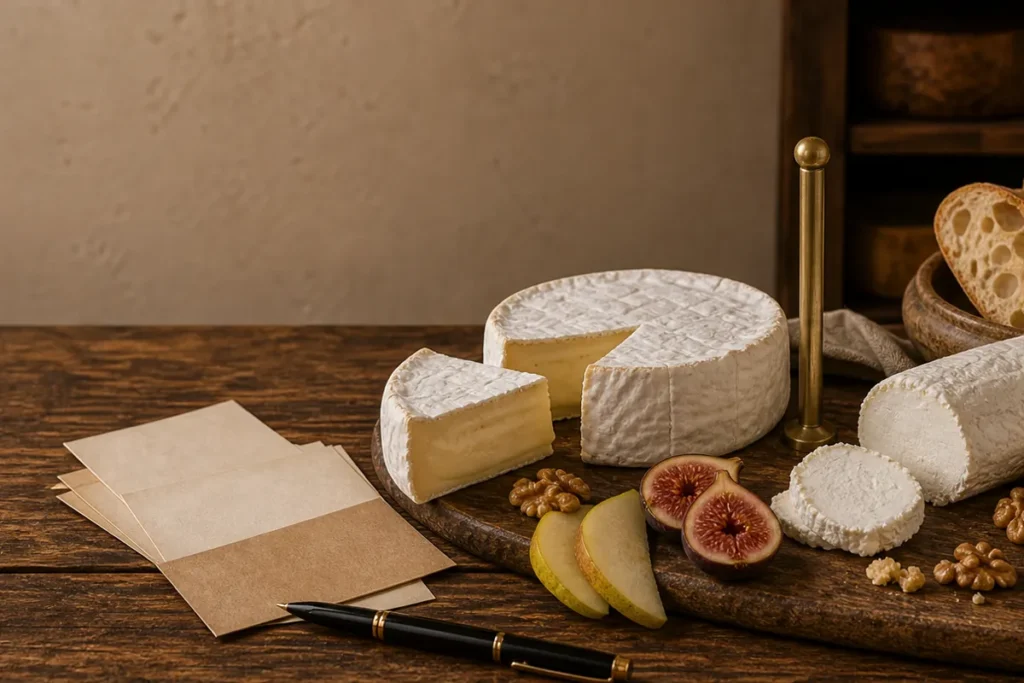 Brie versus goat cheese comparison board with ripe Brie wheel, fresh goat cheese log, baguette, pear, fig, honey, and walnuts - Brie vs goat cheese | KnowTheCheese