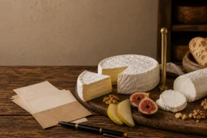 Brie versus goat cheese comparison board with ripe Brie wheel, fresh goat cheese log, baguette, pear, fig, honey, and walnuts - Brie vs goat cheese | KnowTheCheese