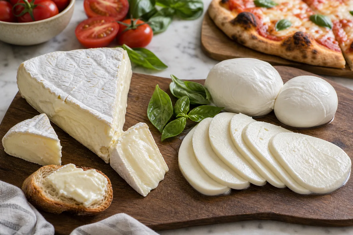 Brie wedge and mozzarella balls beside pizza and toast.