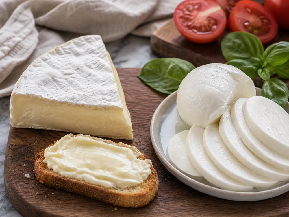 Brie spread on toast beside sliced fresh mozzarella - Brie vs Mozzarella | KnowTheCheese