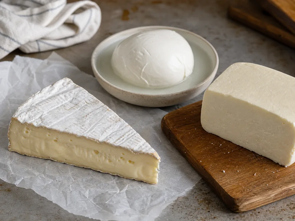 Brie wedge beside fresh mozzarella and low-moisture mozzarella buying cues - Brie vs Mozzarella | KnowTheCheese