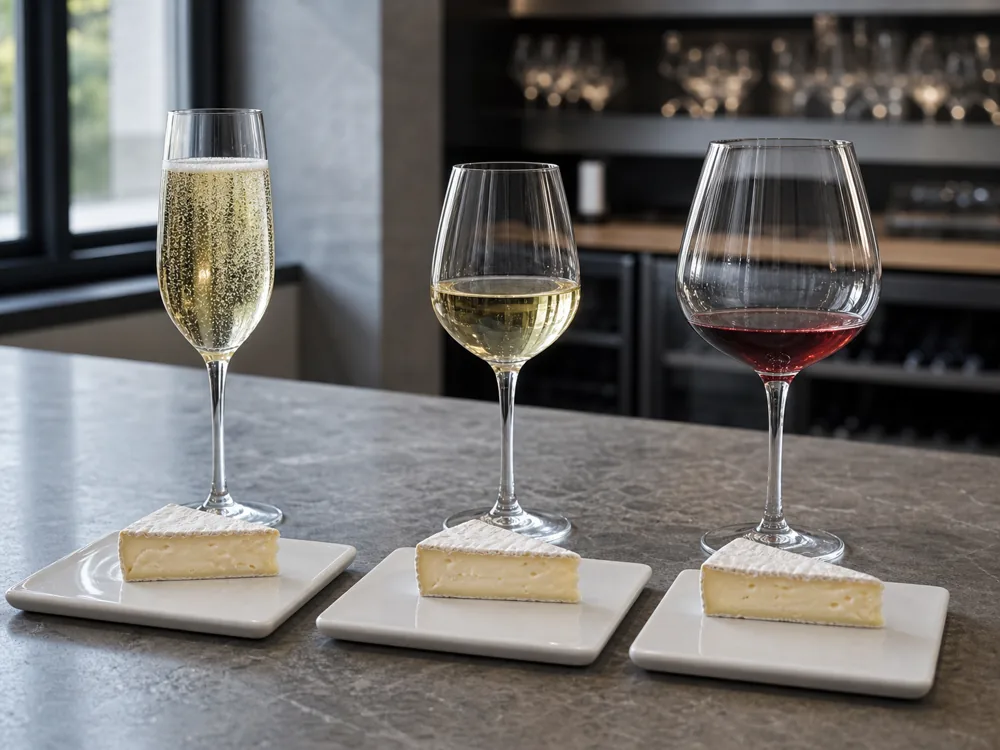 Sparkling, crisp white, and light red wines beside equal Brie portions - Brie wine pairing | KnowTheCheese
