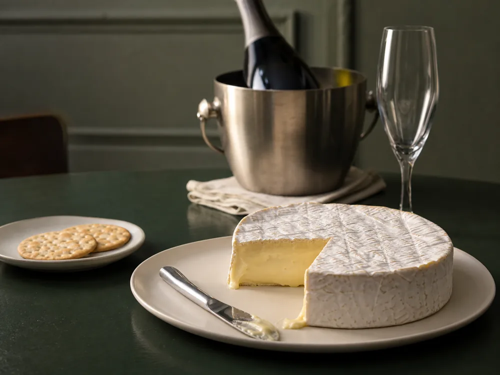 Room-temperature Brie beside sparkling wine chilled in an ice bucket - Brie wine pairing | KnowTheCheese
