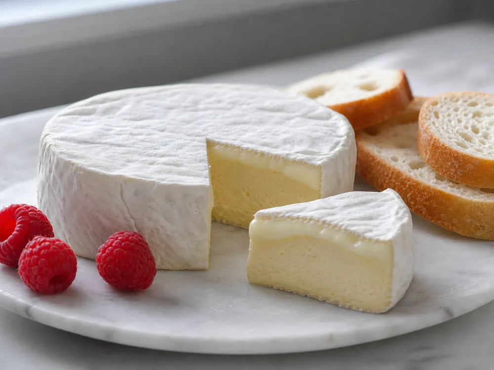 Warm Brillat-Savarin wheel with soft cream line and a cut wedge - Brillat-Savarin | KnowTheCheese
