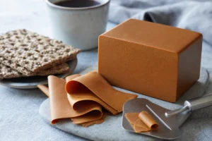 Brown Brunost block with thin curled slices and a cheese plane - Brunost | KnowTheCheese