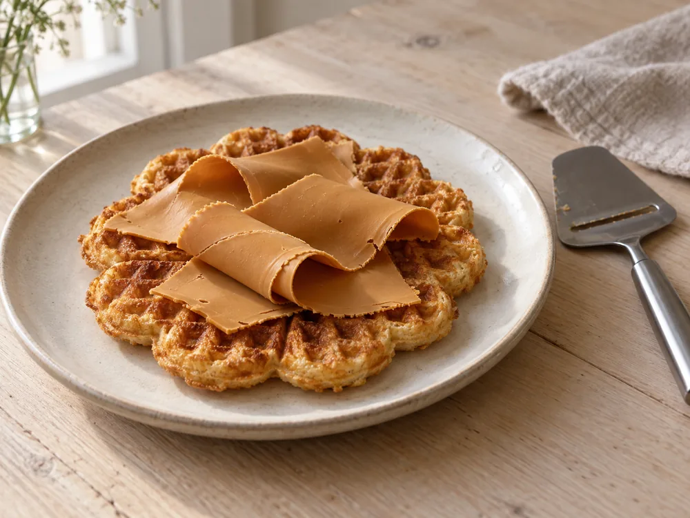 Thin brown Brunost slices on a waffle beside a cheese slicer - Brunost | KnowTheCheese