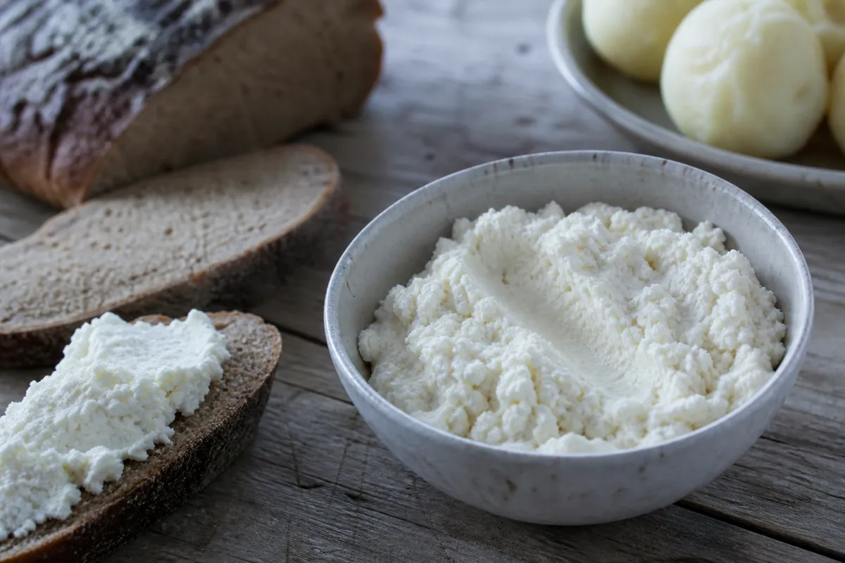 White granular Bryndza cheese in a bowl beside rye bread and potato dumplings - Bryndza | KnowTheCheese