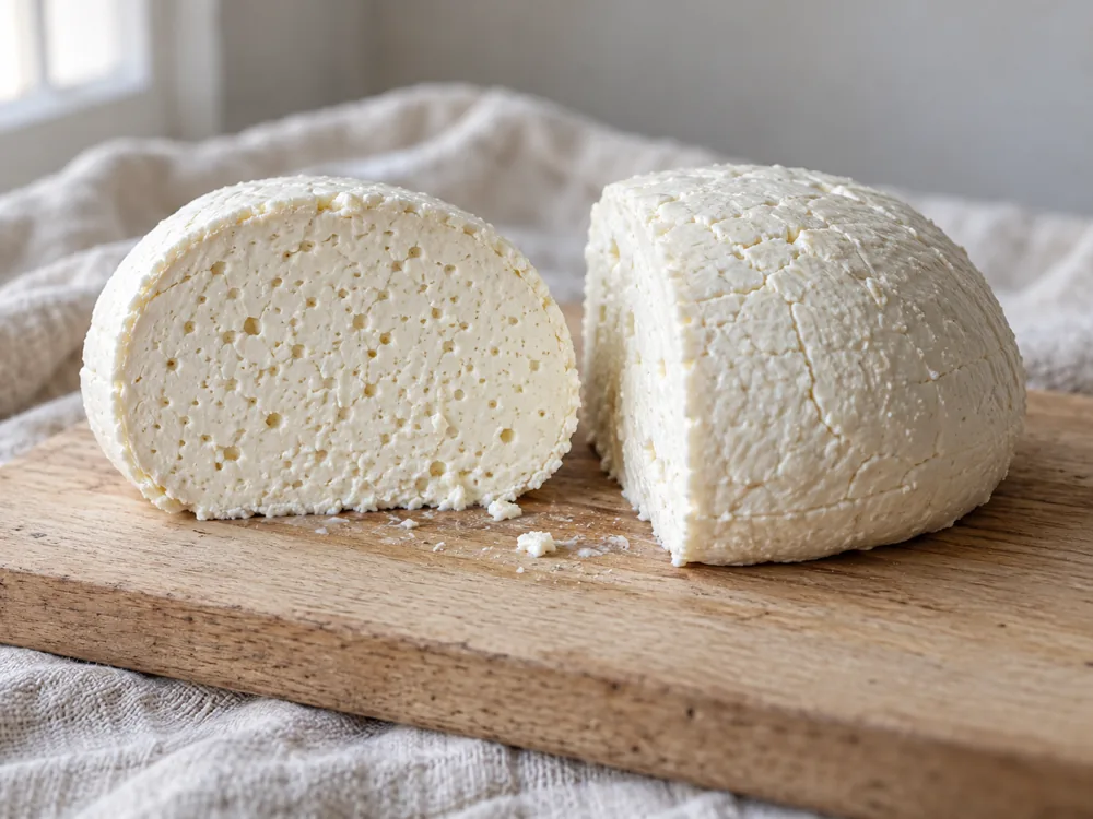 Loaf-shaped white cheese cut open to show many small round holes - Bryndza | KnowTheCheese