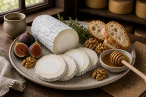 Bucheron-style goat cheese log and slices with bloomy rind, figs, walnuts, and honey - Bucheron cheese | KnowTheCheese