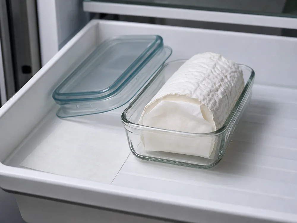 Cut Bucheron log loosely wrapped in cheese paper inside an open glass container - Bucheron cheese | KnowTheCheese