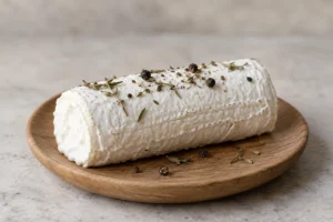 White goat cheese log on a small wooden plate with herb sprigs and pepper - Bûchette à la Sarriette | KnowTheCheese