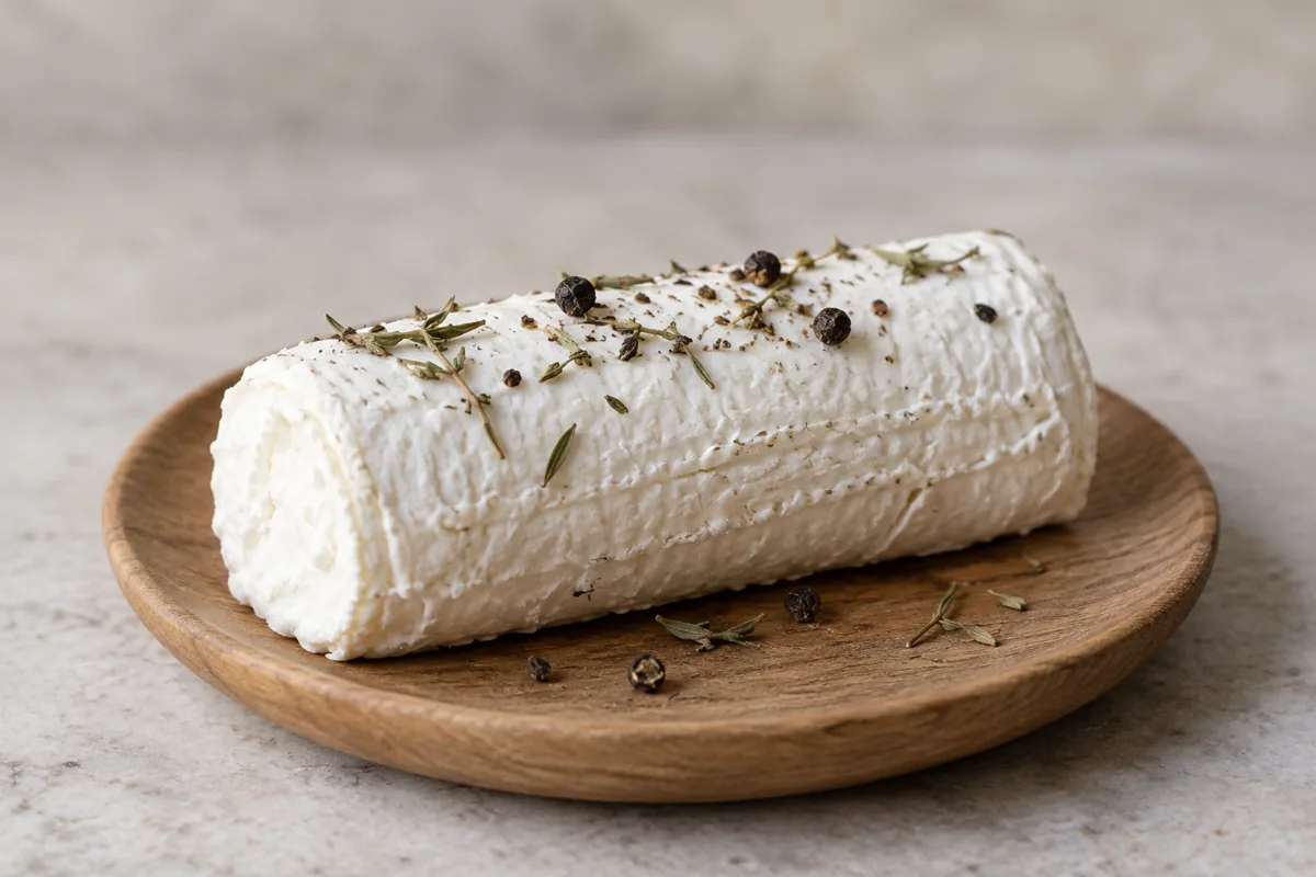 White goat cheese log on a small wooden plate with herb sprigs and pepper - Bûchette à la Sarriette | KnowTheCheese