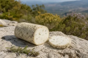 Small Buchette a la Sarriette goat cheese log with savory herb flecks