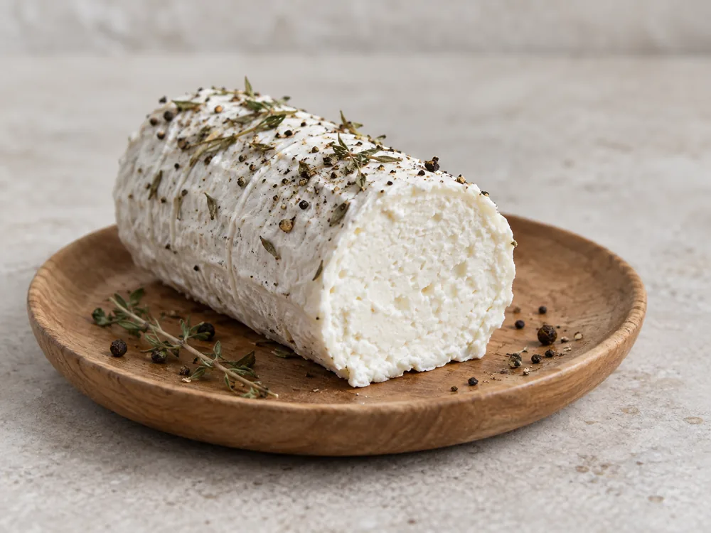 White goat cheese log with one cut end showing an airy interior - Bûchette à la Sarriette | KnowTheCheese