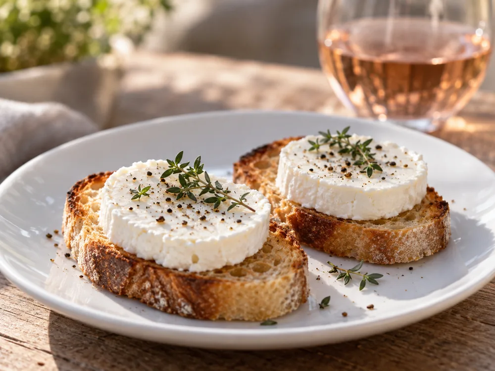Round slices of white goat cheese on toasted bread beside a glass of rosé - Bûchette à la Sarriette | KnowTheCheese