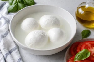 Buffalo mozzarella balls in whey with basil, tomato, and olive oil - Buffalo mozzarella cheese | KnowTheCheese