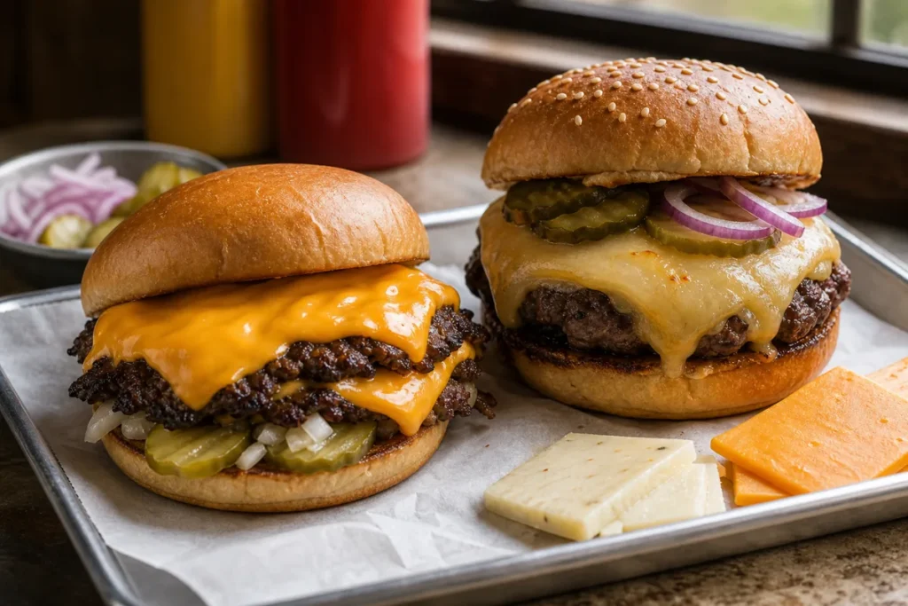 Two burgers with melted cheese, including glossy American-style slices and a natural cheese melt with pickles and onions - Best cheese for burgers | KnowTheCheese