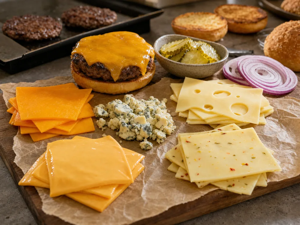 Burger prep board with cheddar, American-style slices, blue cheese, Swiss-style slices, pepper jack, and a cheeseburger patty