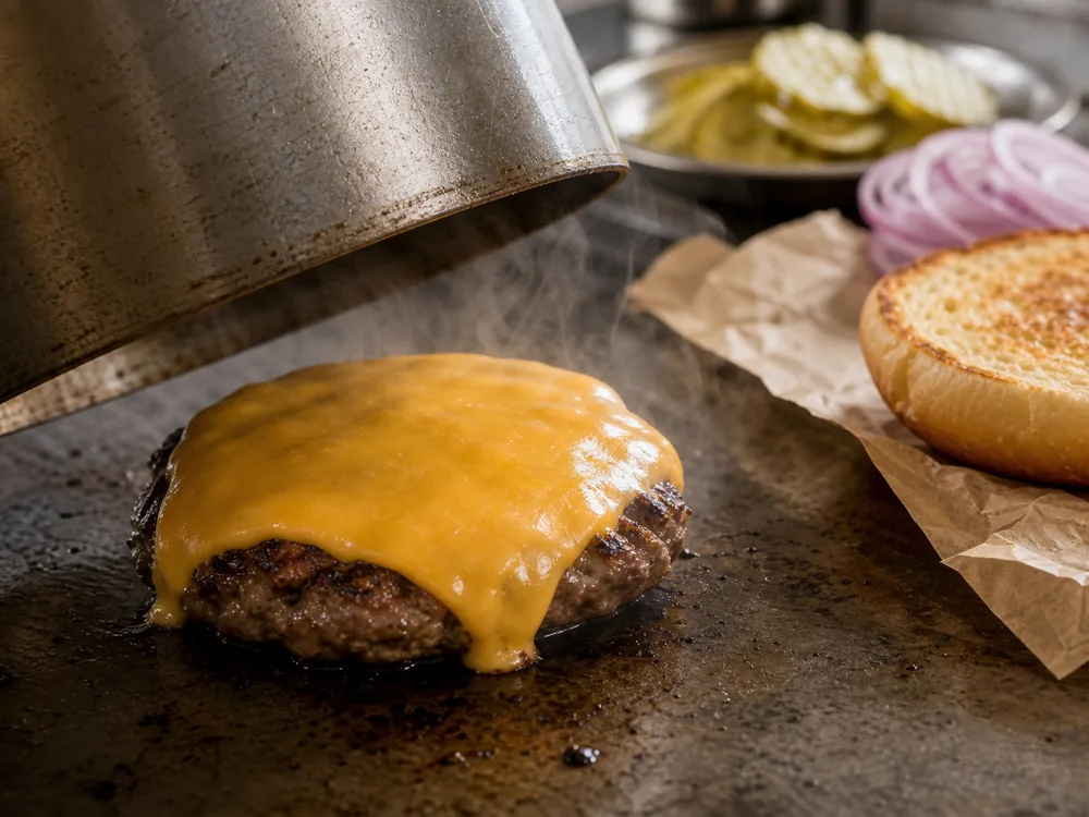 Thin cheese slice melting over a burger patty under a slightly lifted metal lid - Best cheese for burgers | KnowTheCheese