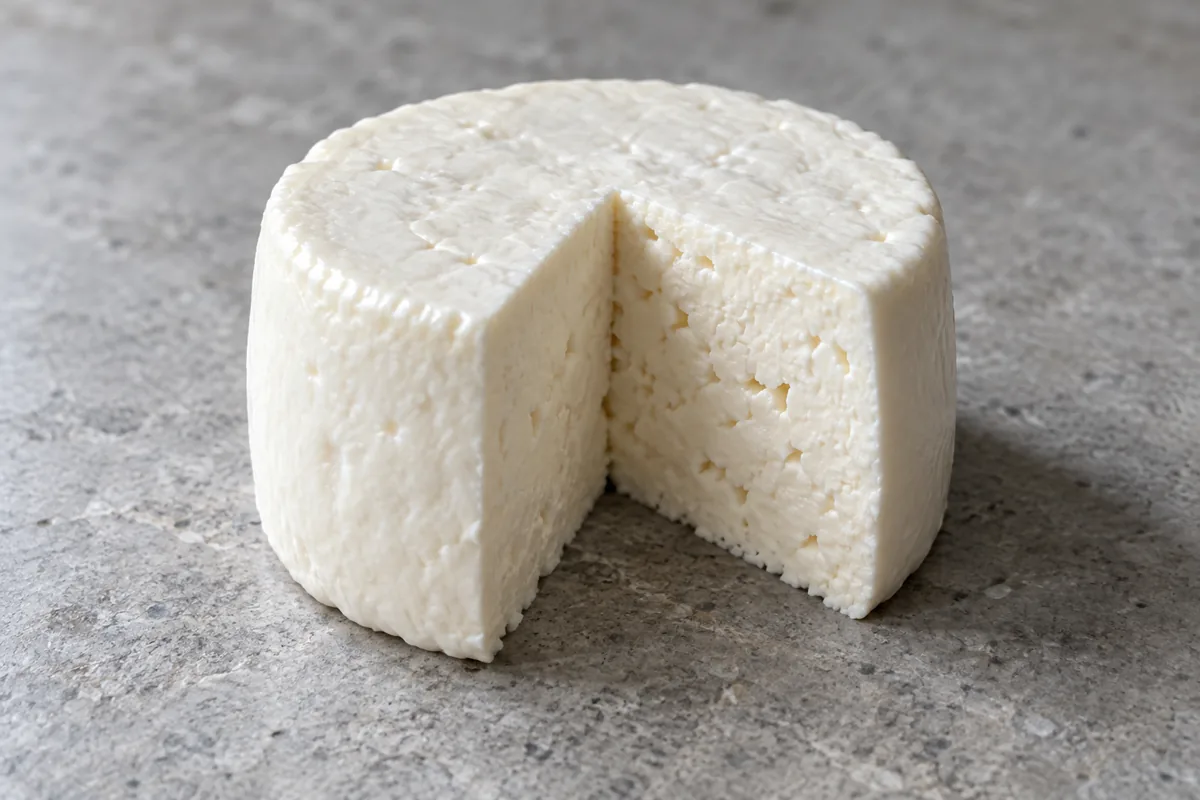 Fresh white cylindrical cheese with a wedge cut away on a stone counter - Burgos Cheese | KnowTheCheese
