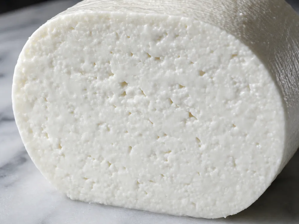 Fresh Burgos cheese cut face with small irregular drainage openings - Burgos Cheese | KnowTheCheese
