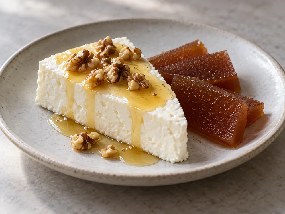 Fresh white cheese slice with honey, walnut pieces and quince paste - Burgos Cheese | KnowTheCheese