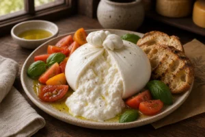 Burrata ball opened to show creamy stracciatella with tomatoes and basil - Burrata cheese | KnowTheCheese