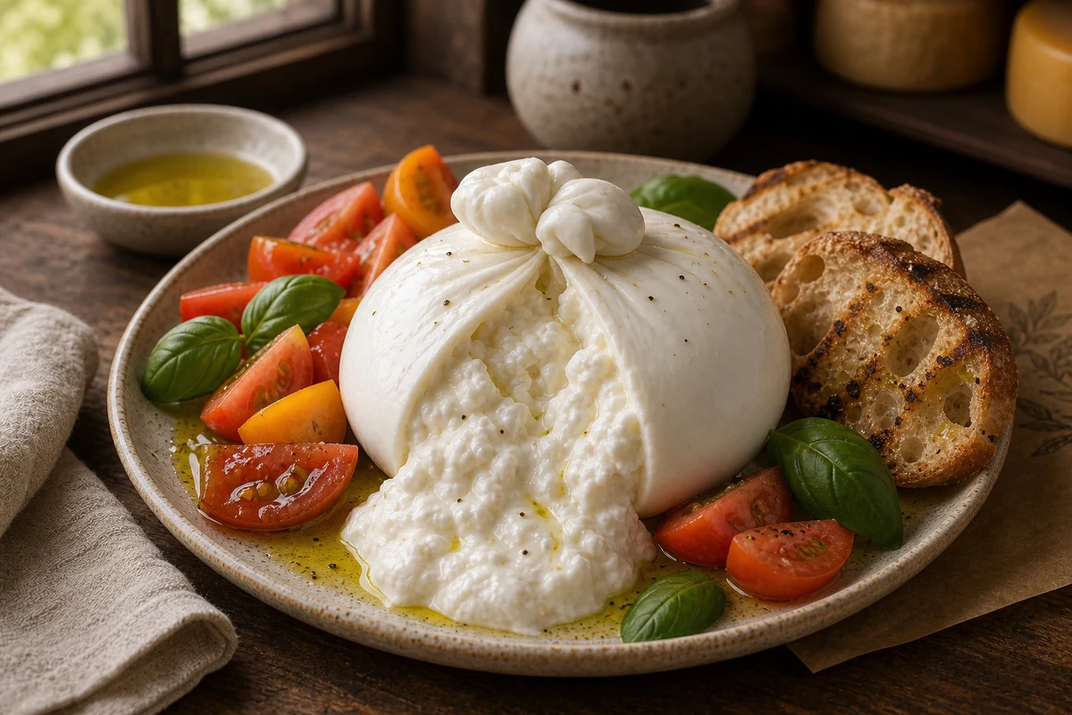 Burrata ball opened to show creamy stracciatella with tomatoes and basil - Burrata cheese | KnowTheCheese