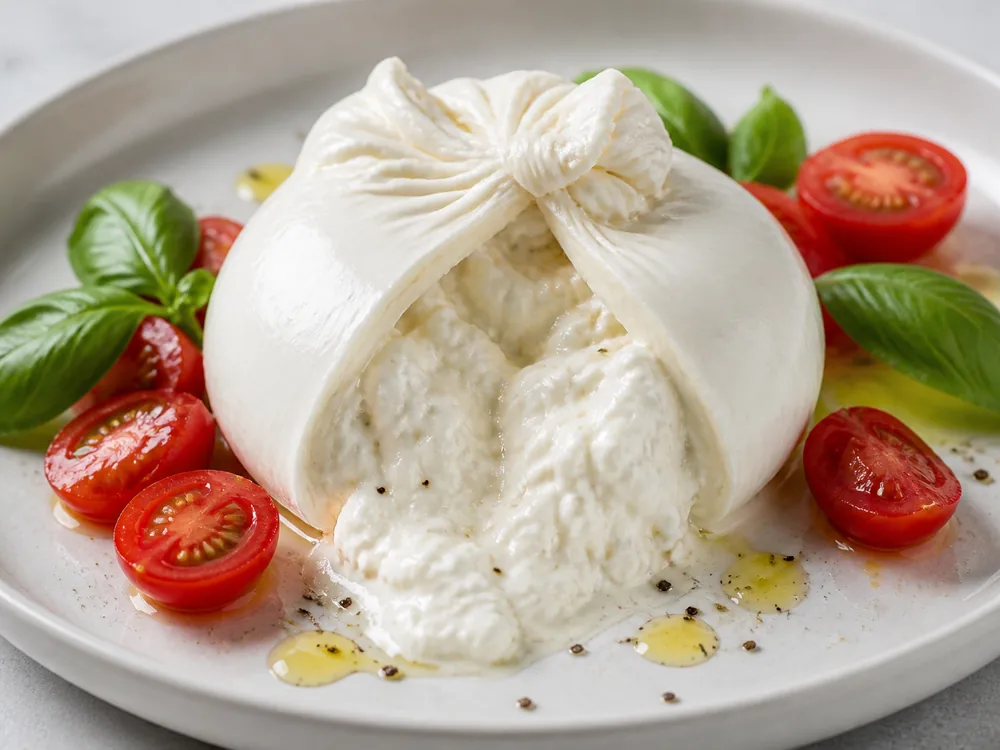 Burrata cut open with stracciatella and cream center - Burrata cheese | KnowTheCheese