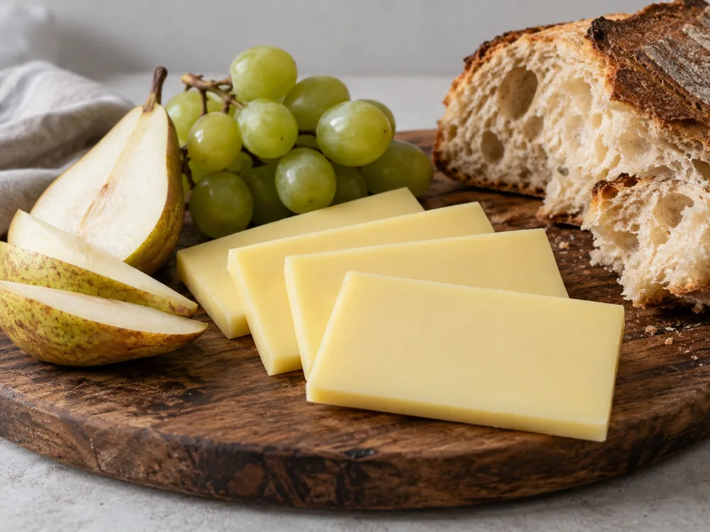 Smooth pale yellow cheese slices with pear, green grapes and sourdough bread - Butterkase Cheese | KnowTheCheese