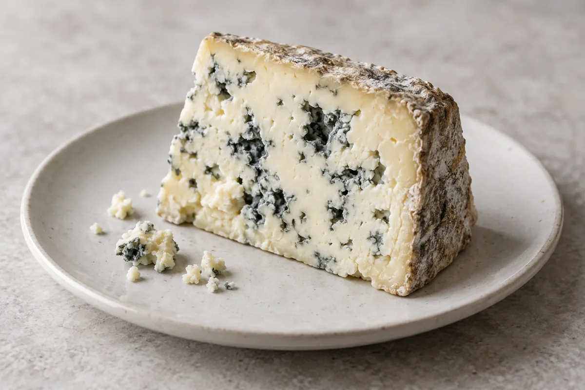 Wedge of ivory blue-veined cheese with a natural rind on a plain plate - Buttermilk Blue Affinee | KnowTheCheese