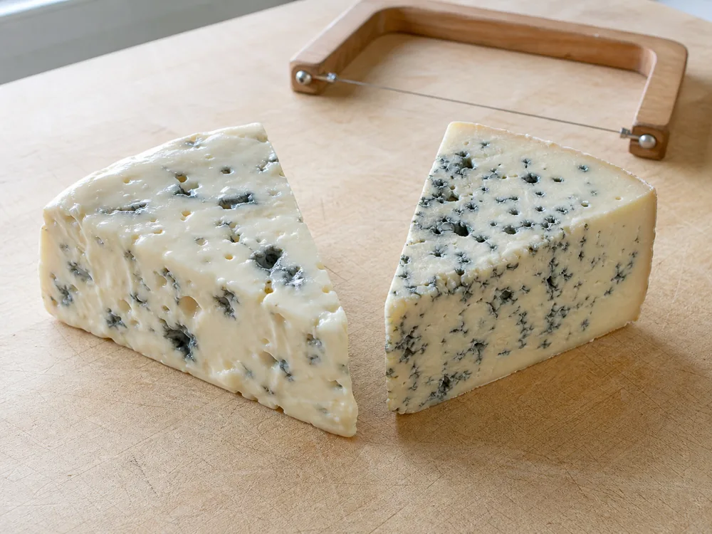 Younger and longer-aged blue cheese wedges showing different moisture and veining - Buttermilk Blue Affinee | KnowTheCheese