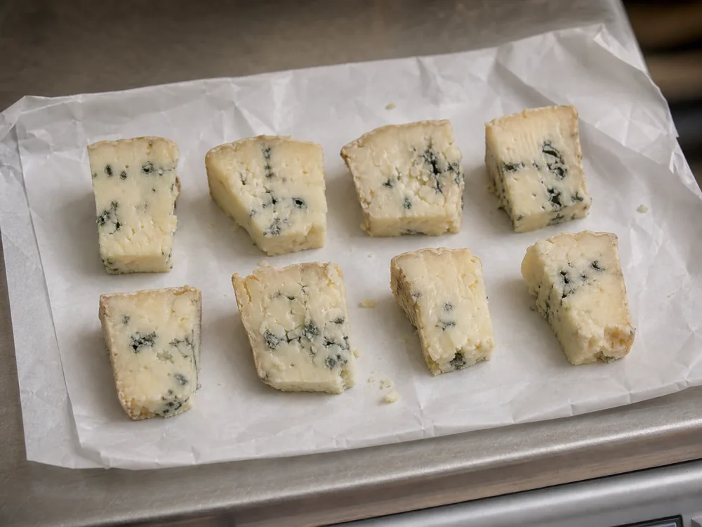 Two-ounce blue cheese tasting portion divided into eight small pieces - Buttermilk Blue Affinee | KnowTheCheese