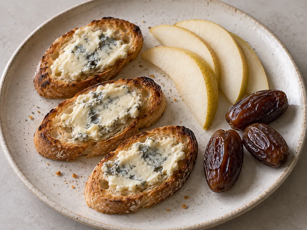 Crostini with blue cheese, pear slices and dates on a plate - Buttermilk Blue Affinee | KnowTheCheese
