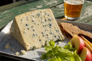 Ivory Buttermilk Blue wedge with apple, rye crackers, and amber beer