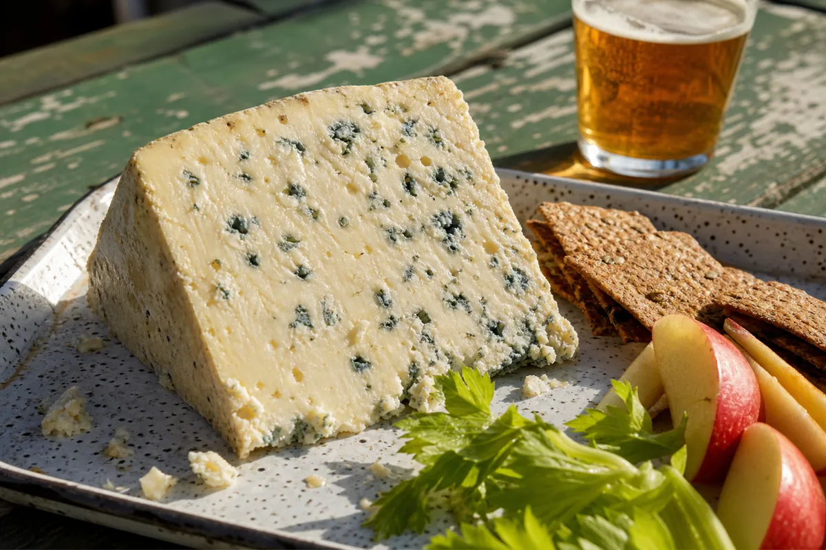 Ivory Buttermilk Blue wedge with apple, rye crackers, and amber beer